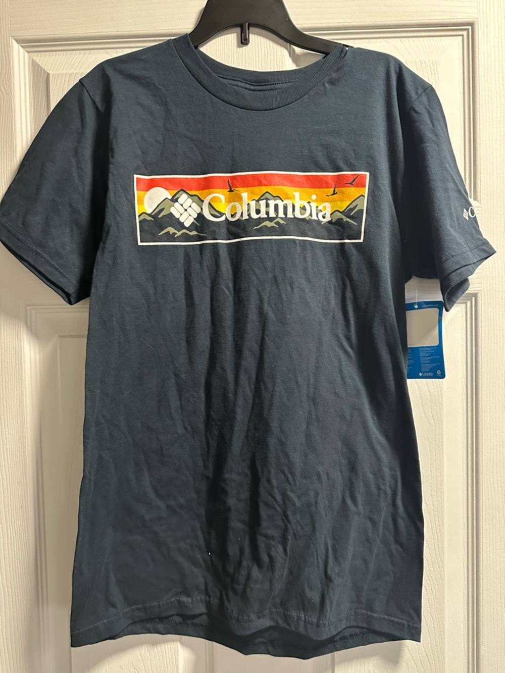 Columbia Navy Short Sleeve Logo Tee with Sunset Graphic